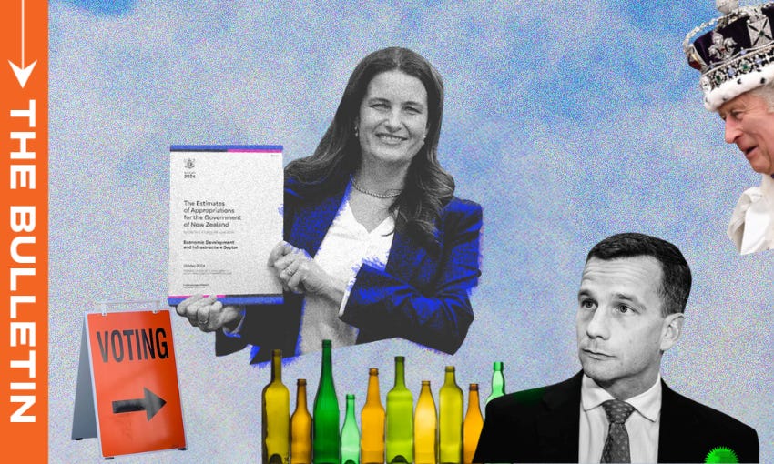 Collage of Nicola Willlis, King Charles, David Seymour, bottles of unlabelled alcohol and an orange voting sign