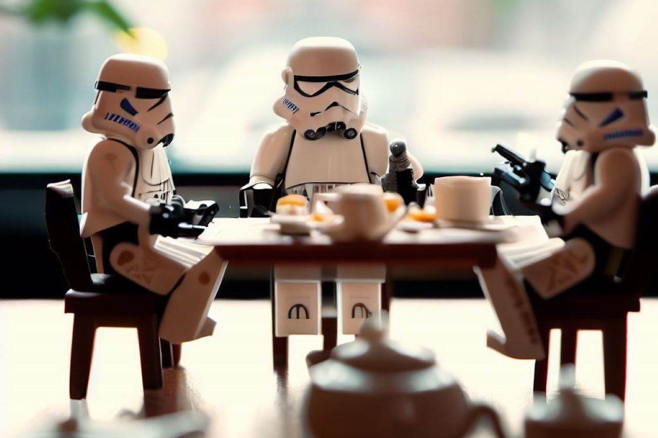 Lego stormtroopers having tea