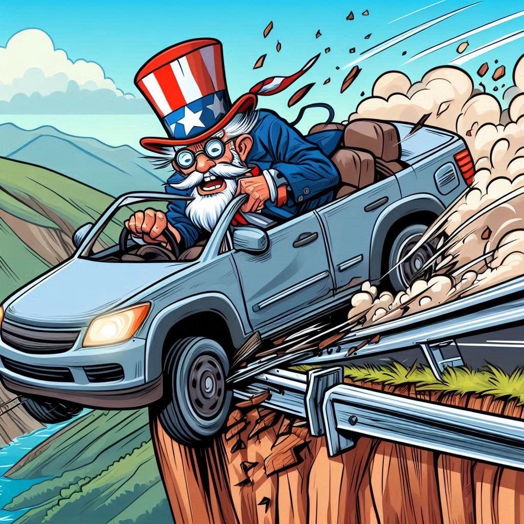 Crashing through Chesterton’s fence, with Tim Walz leading the way … AI cartoon of Uncle Sam driving a car through a guardrail.