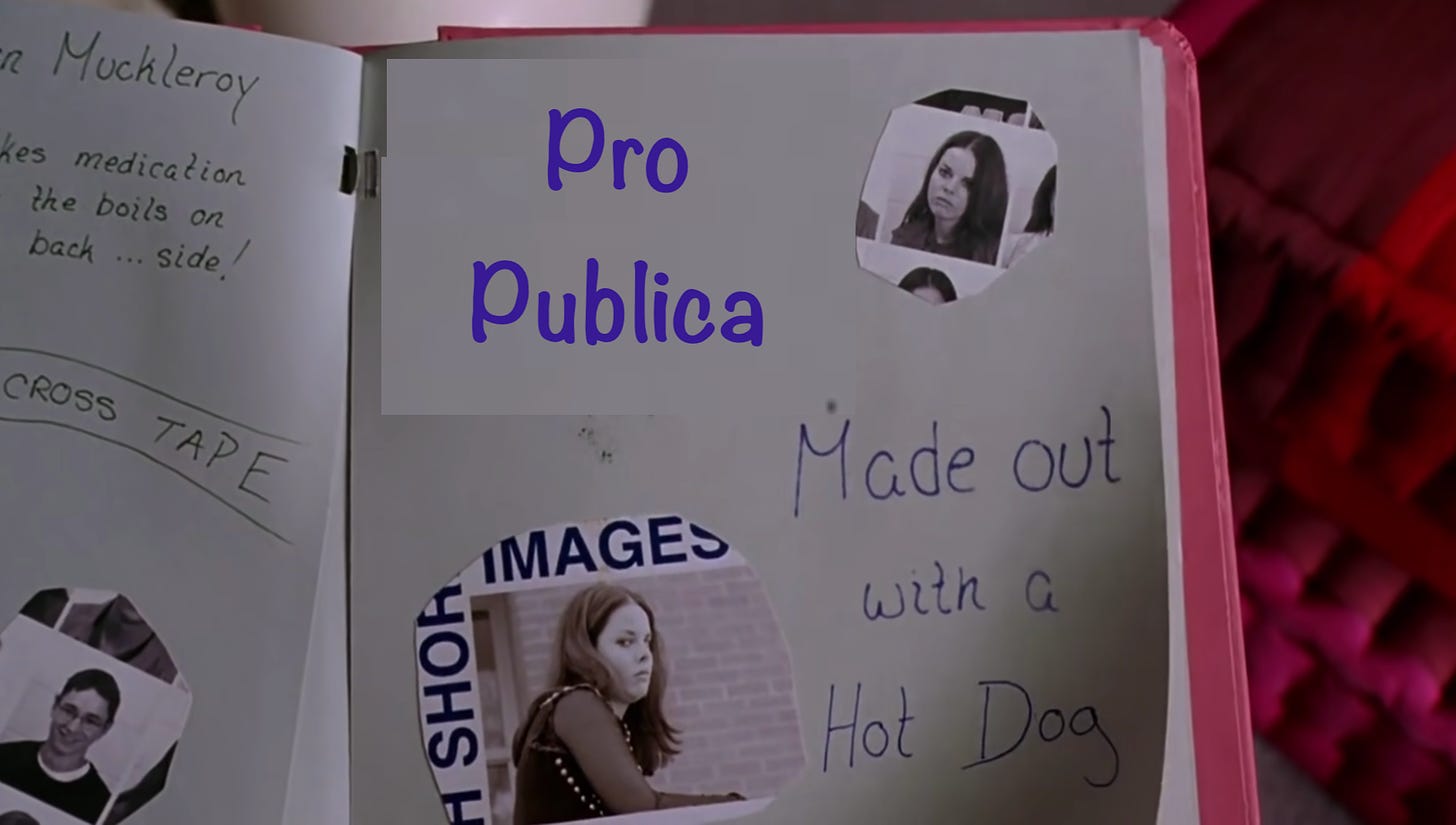 "Pro Publica Made out with a Hot Dog" photoshopped Mean Girls Burn Book page image