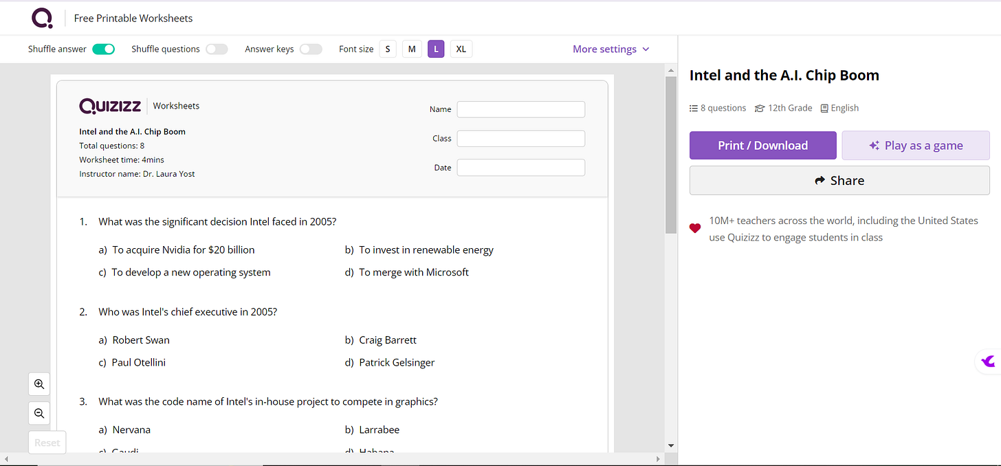 Quizizz AI's worksheet options menu page.