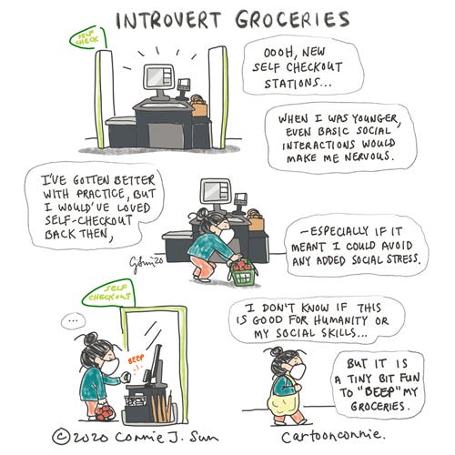 Introvert Groceries Journal comic by Connie Sun about self-checkout stations and the ghost of social anxiety past. Cartoon text: "When I was younger, even basic social interactions would make me nervous. I've gotten better with practice, but I would've loved self-checkout stations back then, especially if it meant I could avoid any added social stress. I don't know if self-checkout is good for humanity or my social skills, but it is a tiny bit fun to 'beep' my groceries." cartoonconnie comics and illustration.