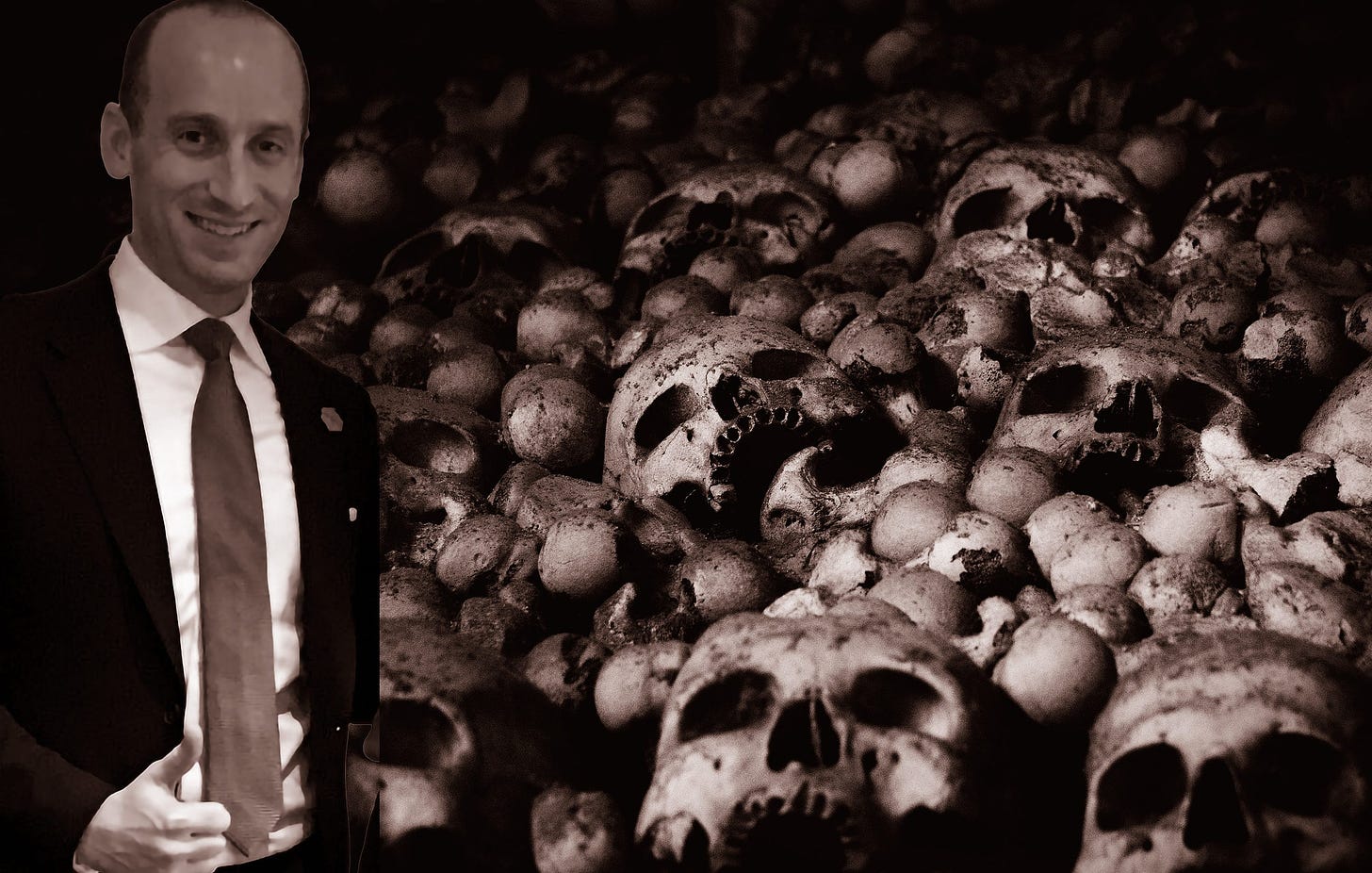 Stephen Miller giving a thumbs up while standing in front of a pile of skulls.