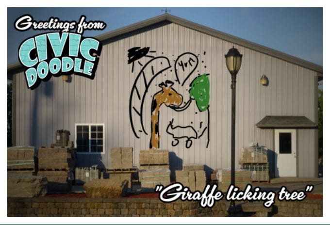 postcard from the game Civic Doodle of a giraffe eating grass painted on a house