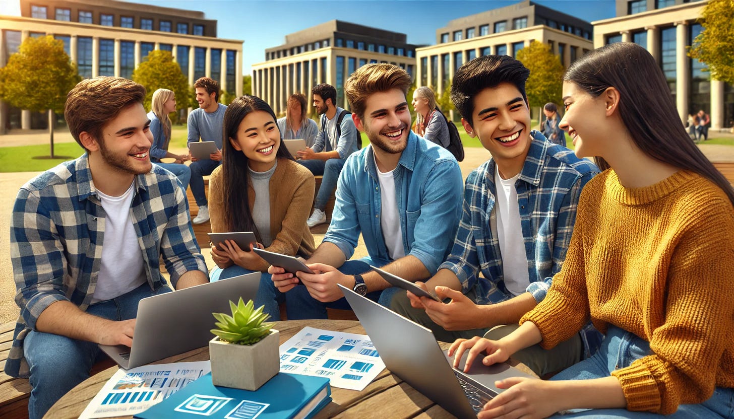 Students on a campus, smiling and collaborating on a student registration system.