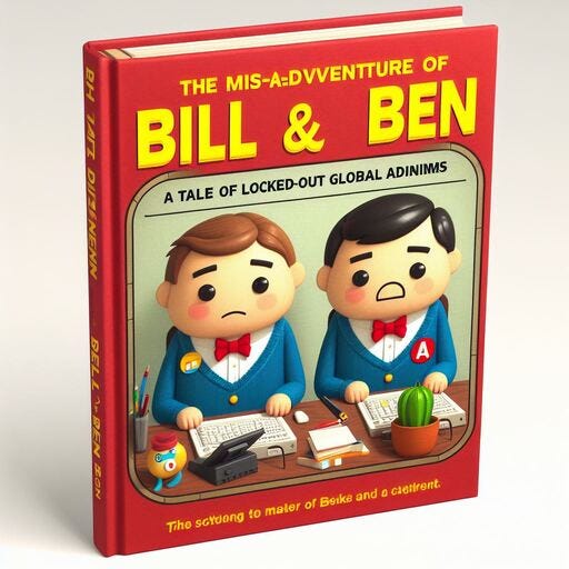 Book Cover - The Misadventure of Bill and Ben: A Tale of Locked-Out Global Admins - Make the characters IT Geeks on a help desk. Make them SAD