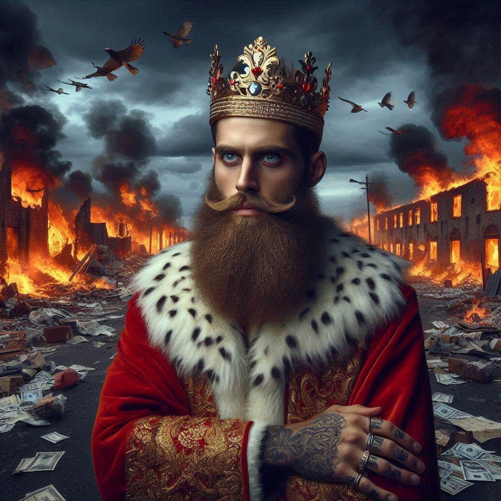 realistic photo of mad king, cleanshaven, surrounded by burning buildings