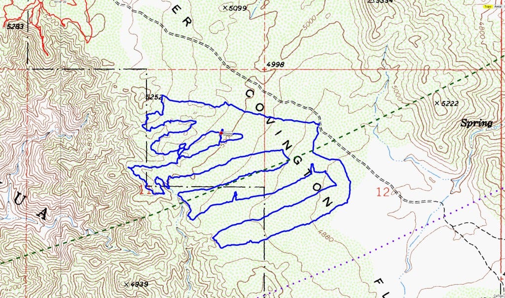 A topographical map overlaid with a GPS track. The GPS path evenly and methodically covers a small area.