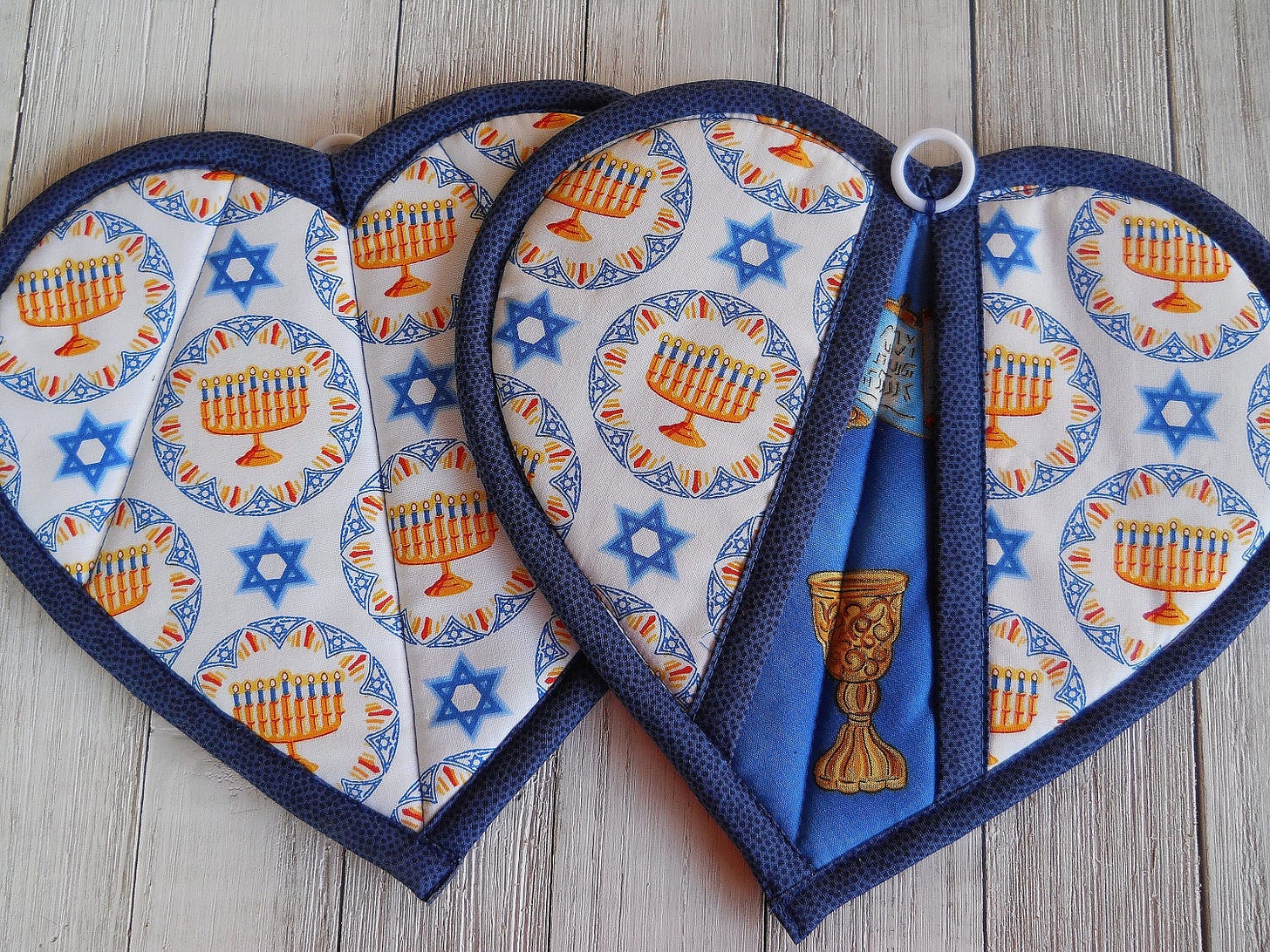 Hanukkah Pot Holders, Trivets, Hotpads, Set of 2: Quilted Pot Holders,  Handmade Heart Oven Mitts, Jewish Gift, High Holiday. Menorah