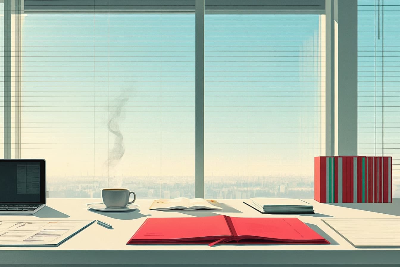 A desk with a laptop, notebooks, and a cup of coffee. A large window looks out over a big city