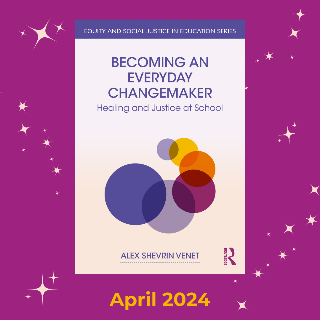 The cover of "Becoming an Everyday Changeamker: Healing and Justice at School" has a design of overlapping circles in a loose spiral. They begin small and increase in size as the spiral goes outward. 