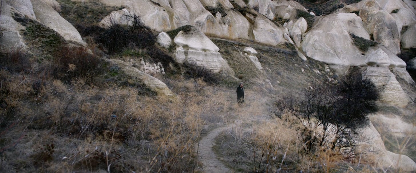 One of the opening shots of Winter Sleep: an extreme long shot of the as-yet unidentified main character, Aydin, wearing his long winter overcoat and standing just off-centre, in the middle of a harsh, rocky and grassy Turkish mountain terrain