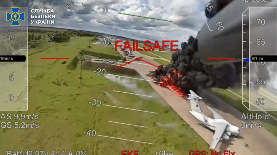 Drone footage of a burning airplane crash.