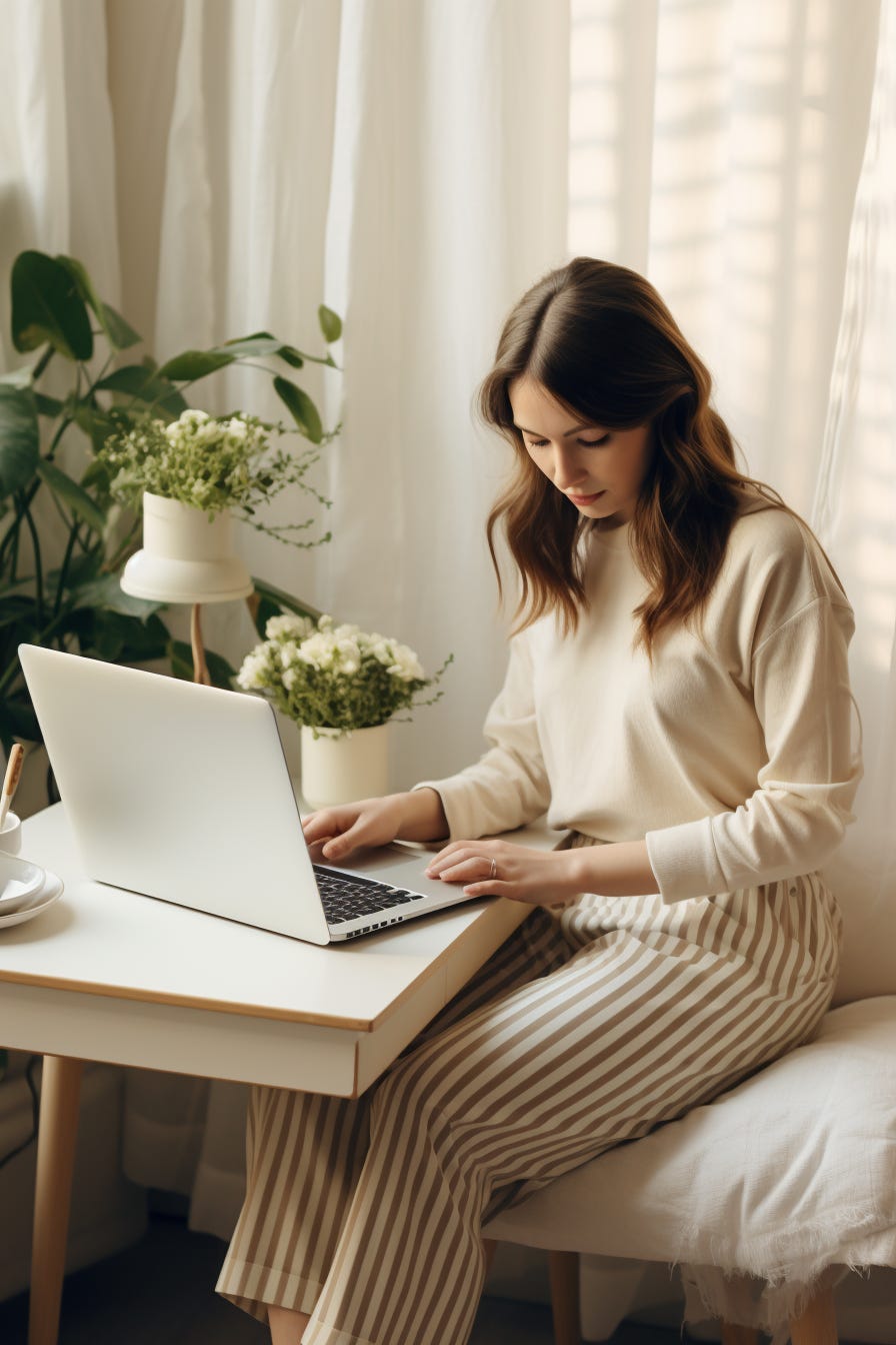 woman with a laptop on a small table working with green plants and white flowers on the side. This is a minimal white and clean photo