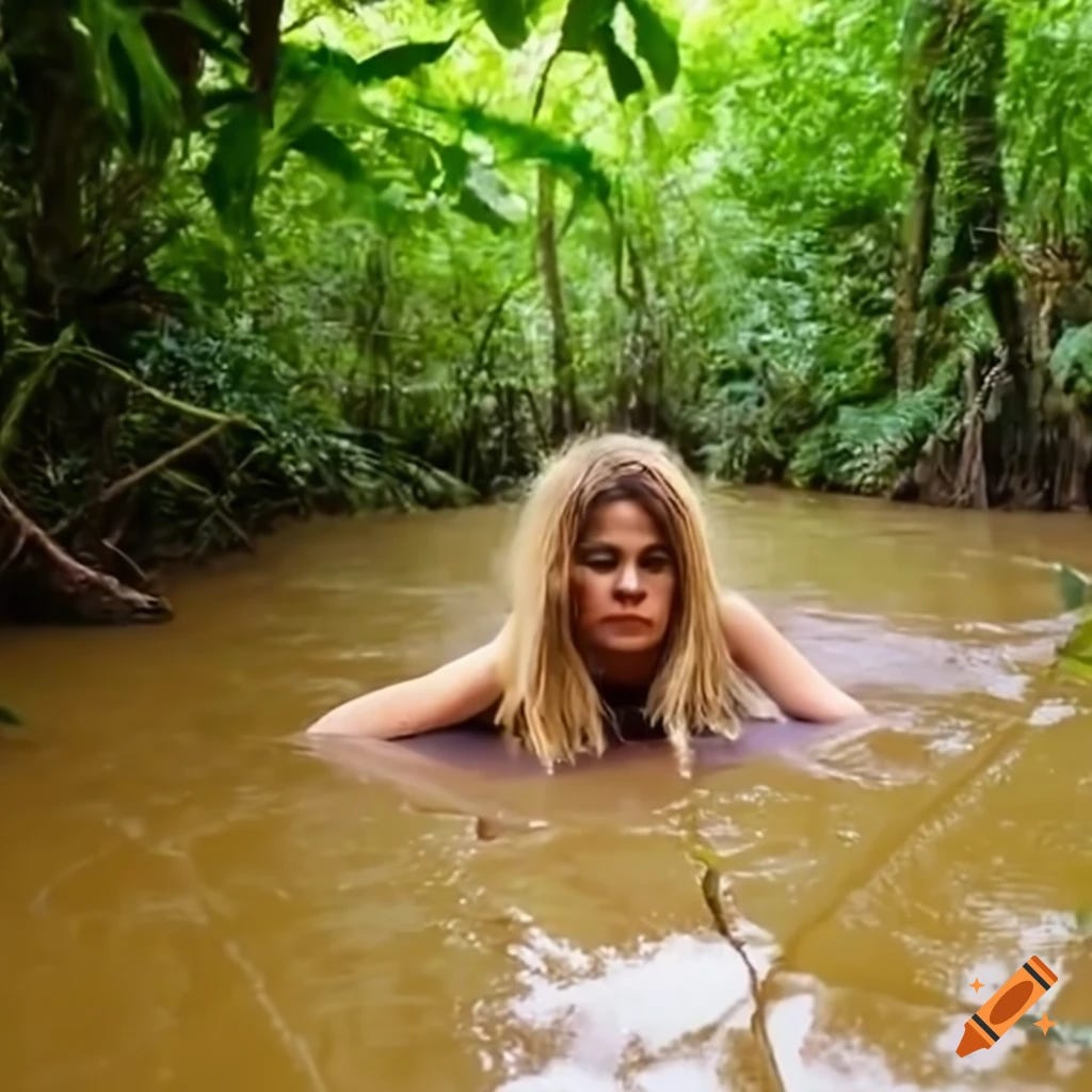 a woman stuck in quicksand in a jungle