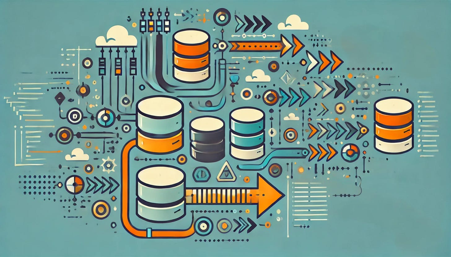 A creative and visually distinct 16:9 image representing the Generic Repository Pattern in C#. The design should include elements like interconnected database symbols, arrows symbolizing data flow, and abstract code blocks to represent reusability and scalability. Use warm and modern colors like orange, teal, and gray, avoiding repetitive designs and ensuring there are no text or selection artifacts. Emphasize clarity and uniqueness for a technical yet fresh aesthetic.