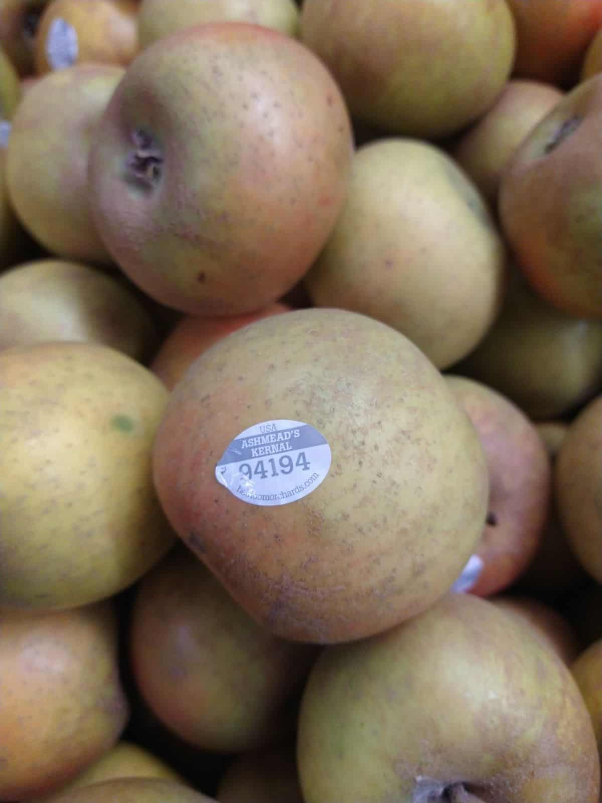 Ashmead's Kernel apples on a display at a store.