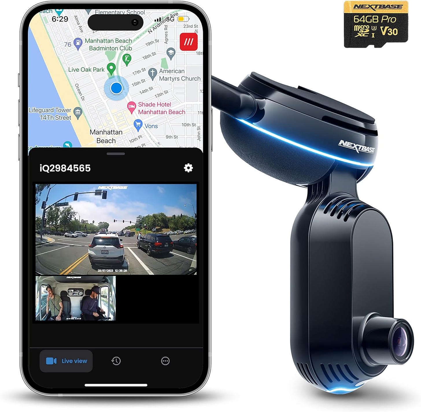 Black dual-lens dash cam device with 1.5 inch IPS screen