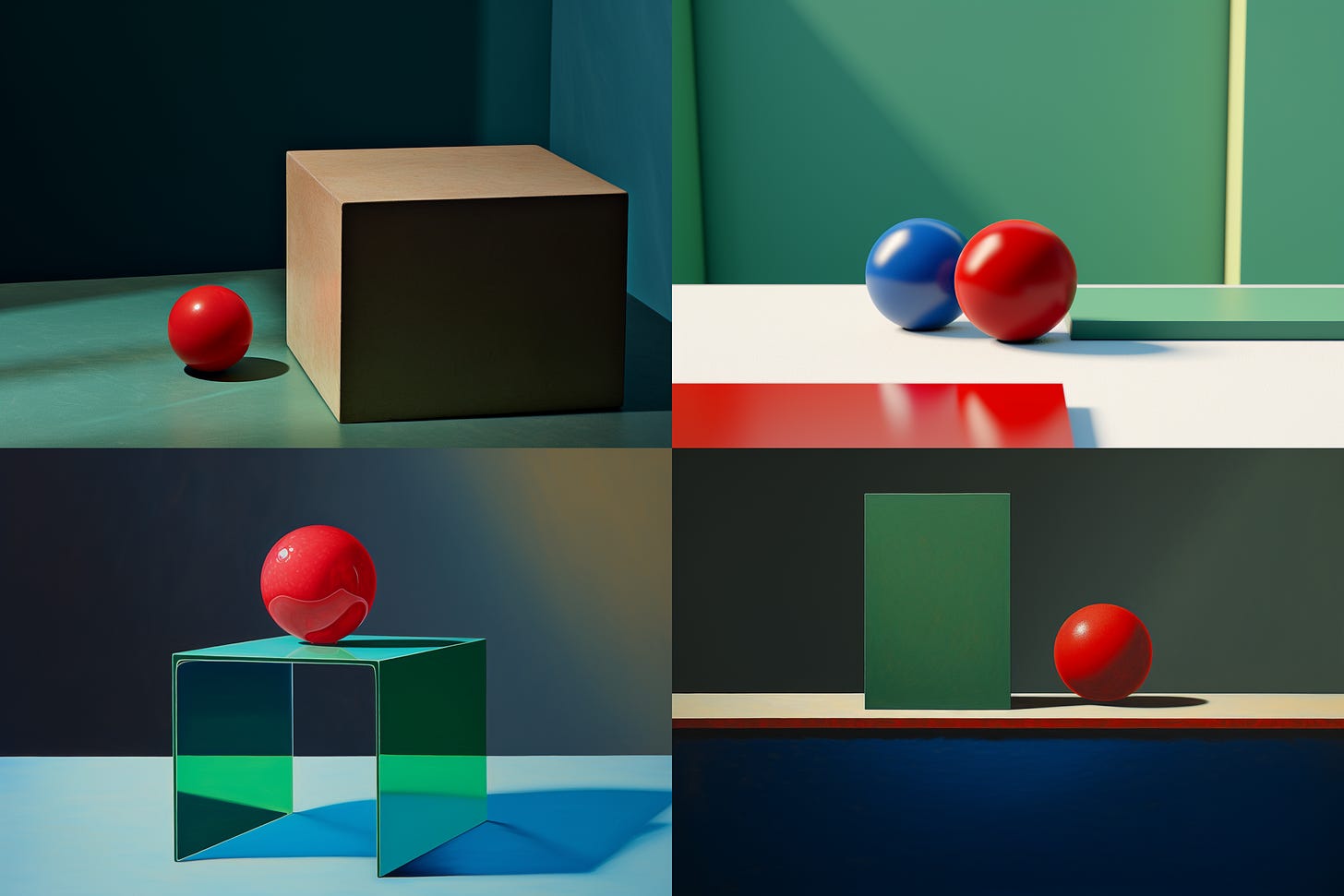 Midjourney V5.2 results for "two red balls and one blue cube on a green table"
