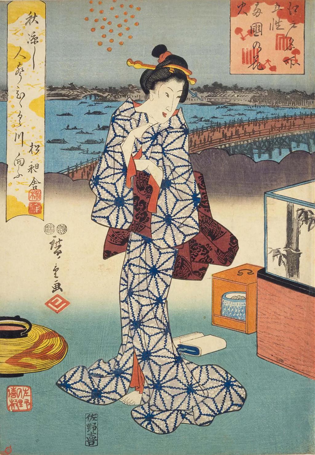Woodblock print of fireworks at Ryogoku, 1851-1852. A woman stands next to a hibachi covered by a jōtan Woodblock print of fireworks at Ryogoku, 1851-1852. A woman stands next to a hibachi covered by a jōtan