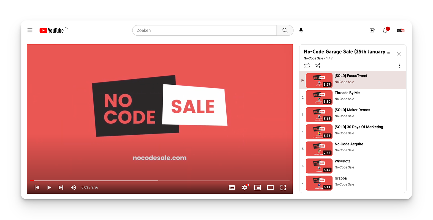 Youtube playlist pitches first No-Code Garage Sale