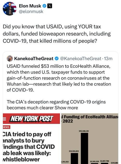 May be an image of text that says 'Elon Musk @elonmusk Did you know that USAID, using YOUR tax dollars, funded bioweapon research, including COVID-19, that killed millions of people? KanekoaTheGreat @KanekoaTheGreat 13m USAID funneled $53 million to EcoHealth Alliance, which then used U.S. taxpayer funds to support gain-of-function research on coronaviruses at the Wuhan lab-research that likely led to the creation of COVID-19. The CIA's deception regarding COVID-19 origins becomes much clearer Show more NEWS NEW YORK POST Funding of EcoHealth Allian 2022 $42.156,126 CI tried to pay off analysts to bury indings that COVID ab leak was likely: whistleblower $15.591.823 $2.241.154 $2,657.790'