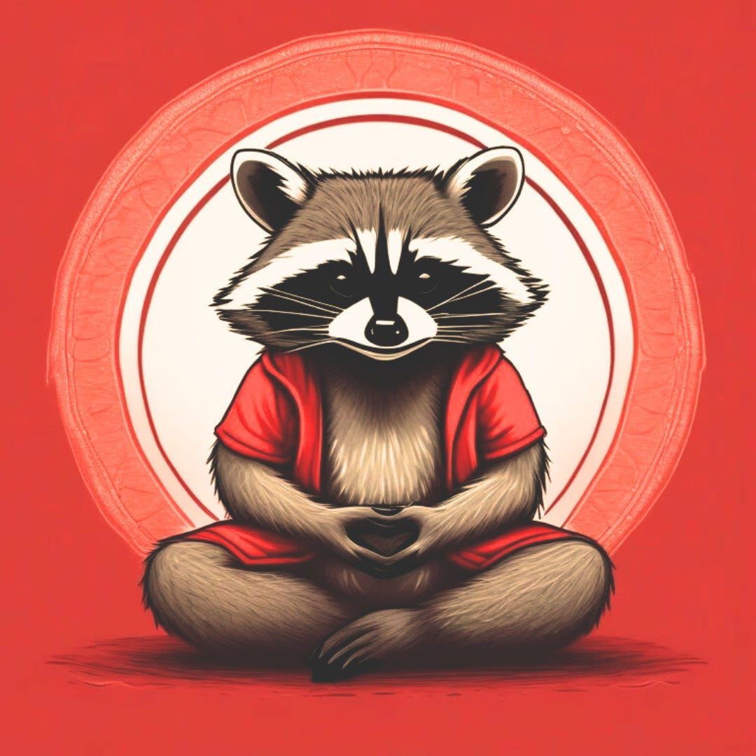 A raccoon in the lotus pose wearing a read tunic and meditating