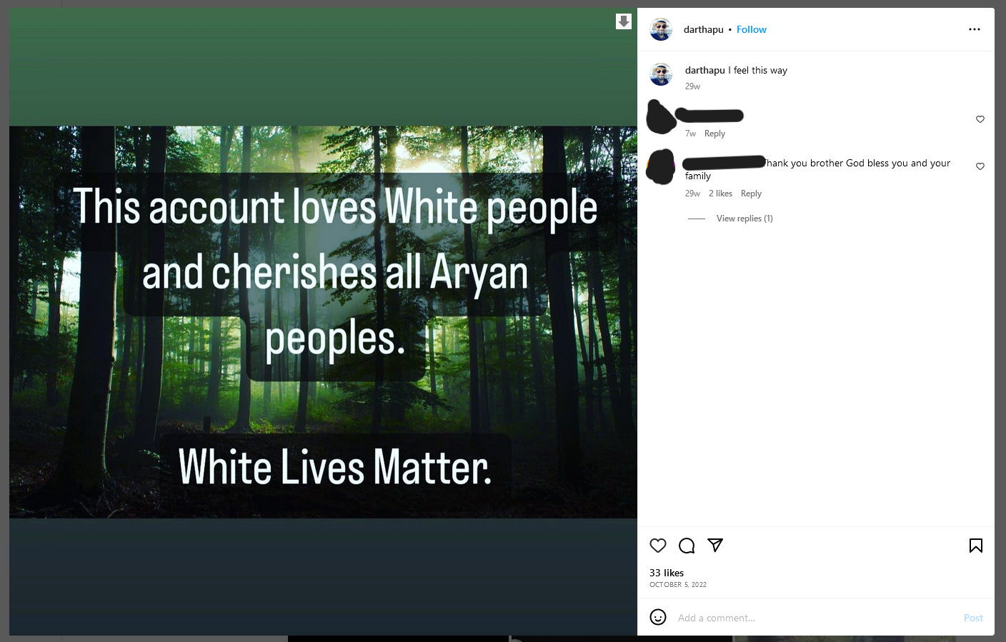 Instagram post caption "This account loves White people and cherishes all Aryan peoples. White Lives Matter."