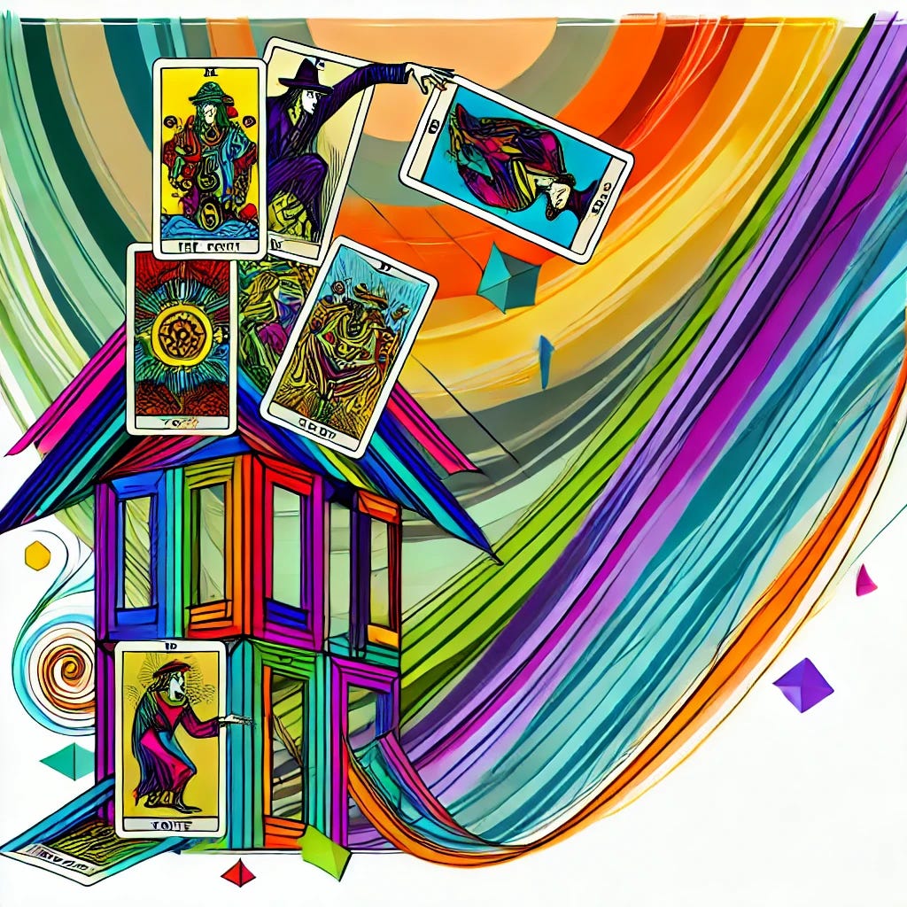An illustration of a house constructed from Tarot cards in vibrant pride colors, teetering on the verge of collapse. The Tarot cards prominently display The Magician, The Fool, The Trickster, The Tower, and Death, each intricately designed. The style merges Art Deco and Jugendstil, with dynamic swirling patterns and geometric shapes in the background, evoking a sense of movement and transformation. The image captures the tension between stability and collapse, reflecting themes of change, disruption, and self-discovery. Created using AI. An illustration of a house constructed from Tarot cards in vibrant pride colors, teetering on the verge of collapse. The Tarot cards prominently display The Magician, The Fool, The Trickster, The Tower, and Death, each intricately designed. The style merges Art Deco and Jugendstil, with dynamic swirling patterns and geometric shapes in the background, evoking a sense of movement and transformation. The image captures the tension between stability and collapse, reflecting themes of change, disruption, and self-discovery. Created using AI.