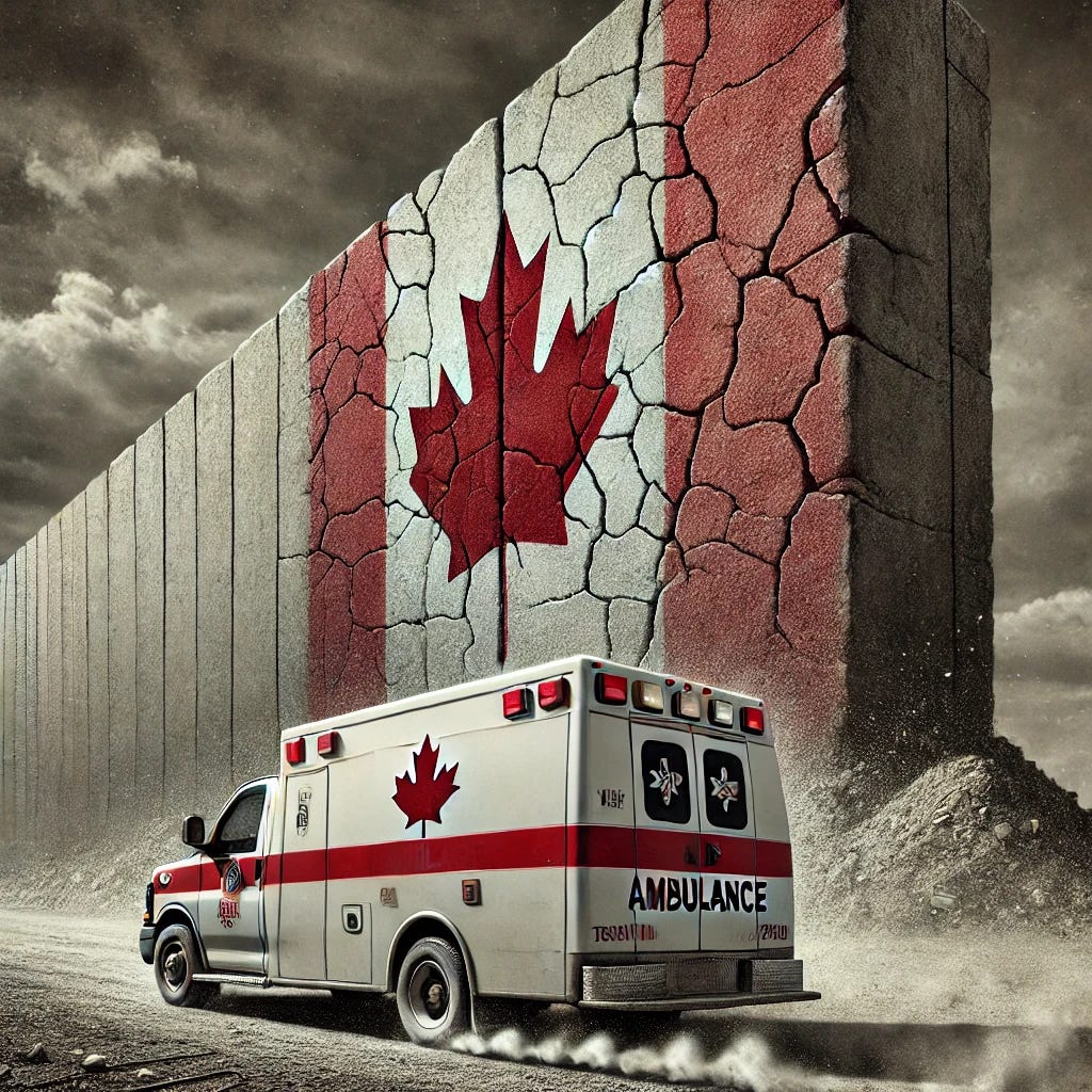 A dramatic illustration of an ambulance with a small Canadian flag on it driving toward a massive, impenetrable wall. The wall is symbolic and textured with cracks, representing the challenges and barriers in the healthcare system. The ambulance is depicted in motion, with dust and debris around its tires, creating a sense of urgency. The scene should be poignant yet symbolic, reflecting the struggles and obstacles faced by Canadian healthcare. The overall tone is serious but thought-provoking.