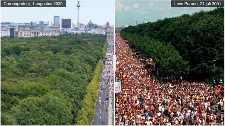 Twee maal Berlijn: links coronaprotest in 2020 (Picture Alliance), rechts Love Parade in 2001 (DPA)