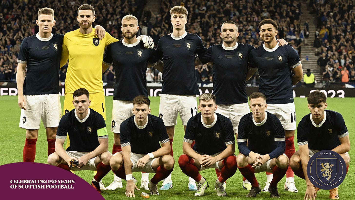 The Scotland Men's National Team starting XI facing England lined-up on the pitch pre-match.