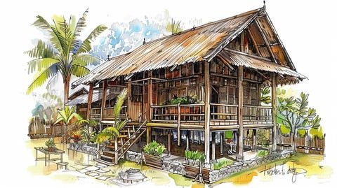 This clipart is featuring an old bahay kubo at beach.