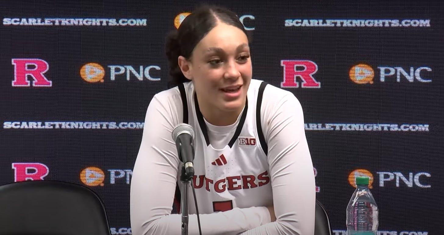 Rutgers star Destiny Adams speaks to reporters after a win over Iona on Nov. 15, 2024. (YouTube screenshot via Rutgers athletics)