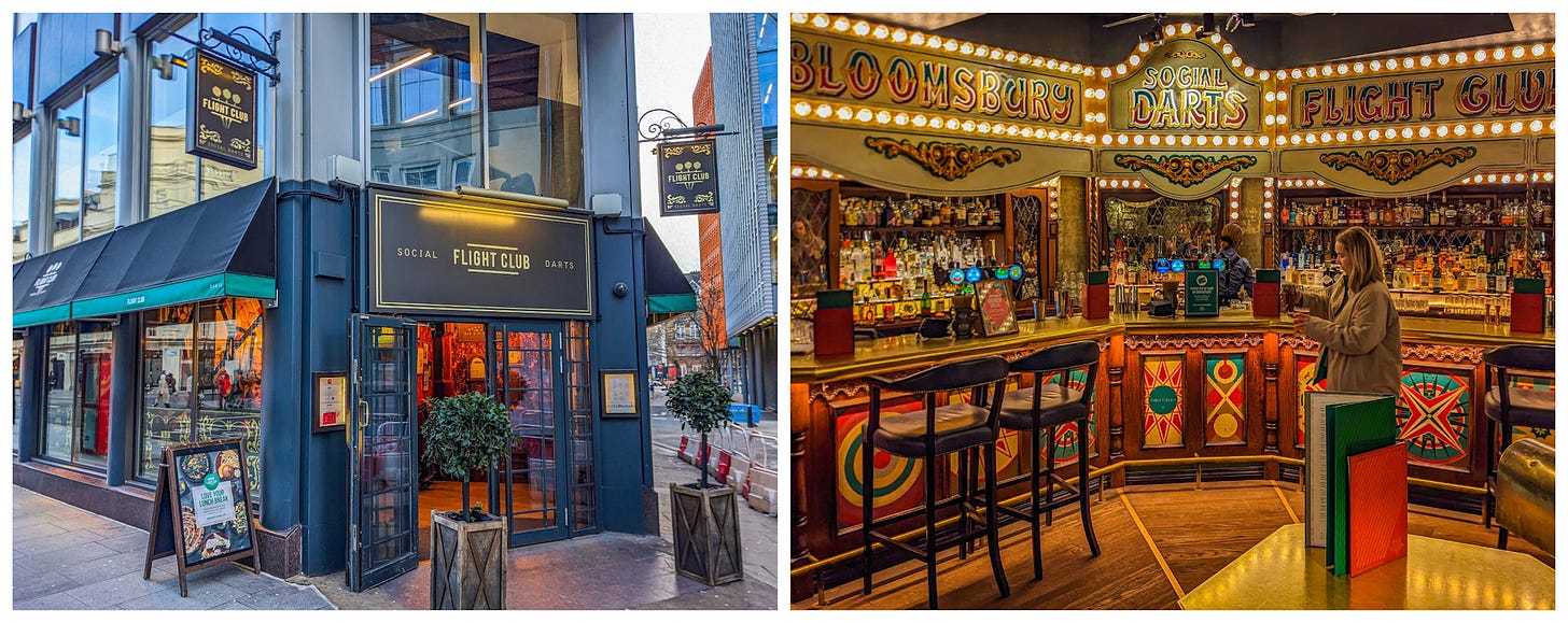A collage showing the exterior of Flight, which is mostly in black and quite chic. The inside photo shows the very colorful bar, which kind of looks like a circus. 