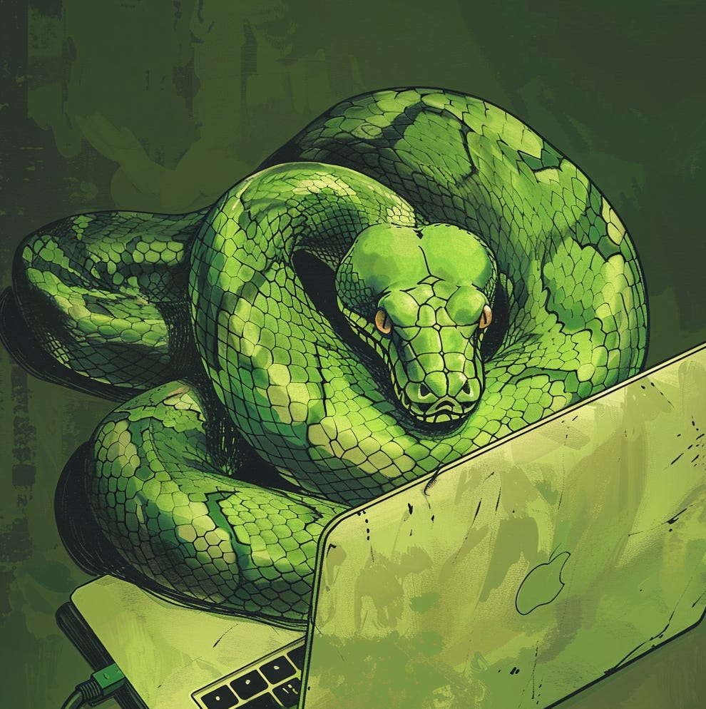 Green Python in front of a laptop