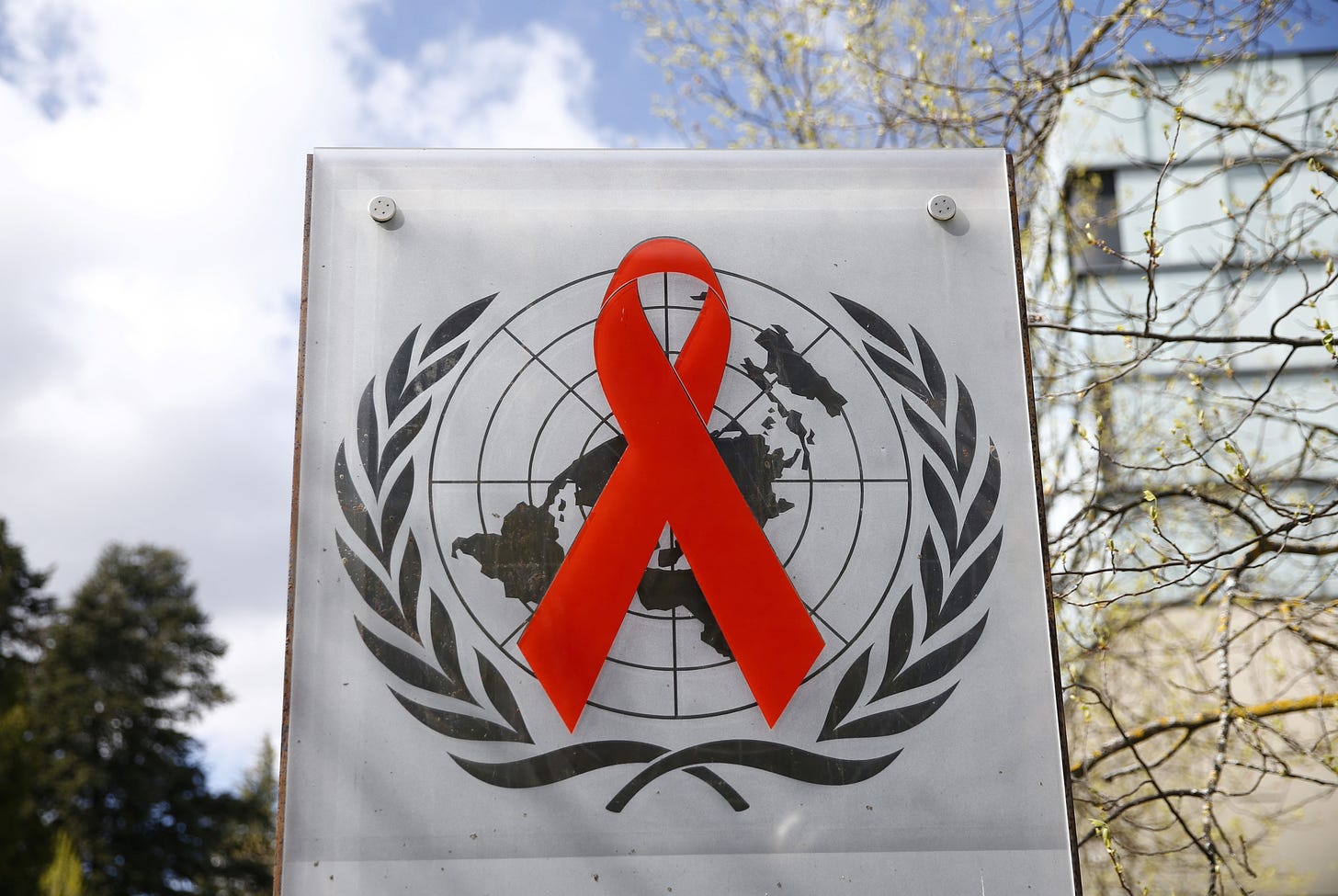 Logo pictured outside United Nations AIDS agency (UNAIDS) building in Geneva