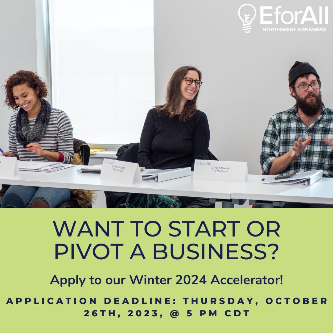 May be an image of 3 people and text that says 'EforAll NORTHWEST ARKANSAS EforAll ChrisSchege WANT TO START OR PIVOT A BUSINESS? Apply to our Winter 2024 Accelerator! APPLICATION DEADLINE: THURSDAY, OCTOBER 26TH, 2023, 5 PM CDT'