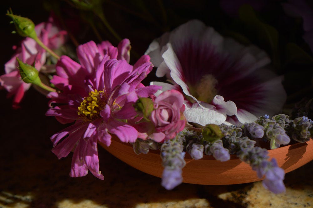 bowl with zinnias, lavender, and miniature rose
