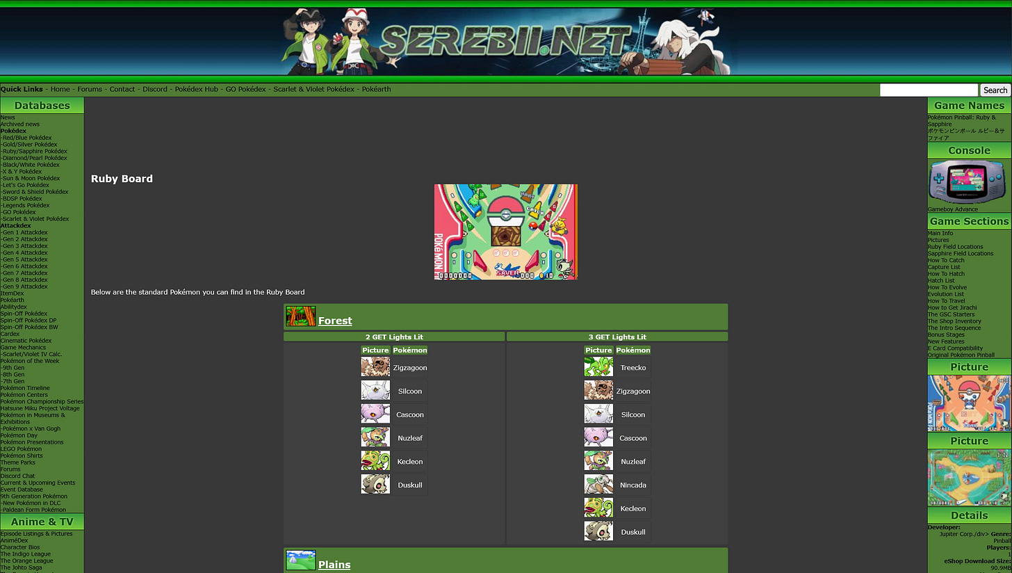 Serebii’s Pokémon Pinball: Ruby & Sapphire page now has accurate details on how to encounter and evolve each Pokémon, allowing more people to complete their Pokédexes Serebii’s Pokémon Pinball: Ruby & Sapphire page now has accurate details on how to encounter and evolve each Pokémon, allowing more people to complete their Pokédexes