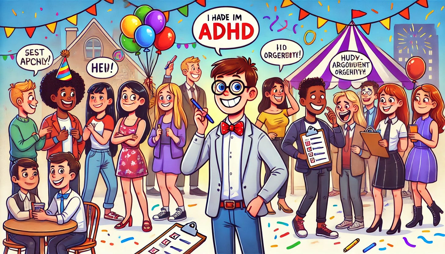 A lively cartoon illustration of a person with ADHD confidently navigating a busy social scene. They are smiling, engaging in conversations, and surrounded by diverse people in a fun, colorful environment. The background shows a party with balloons, confetti, and people laughing, while the main character stands out with expressive body language and a positive demeanor. Incorporate elements like a speech bubble with a humorous remark and a checklist in their hand to signify organization.