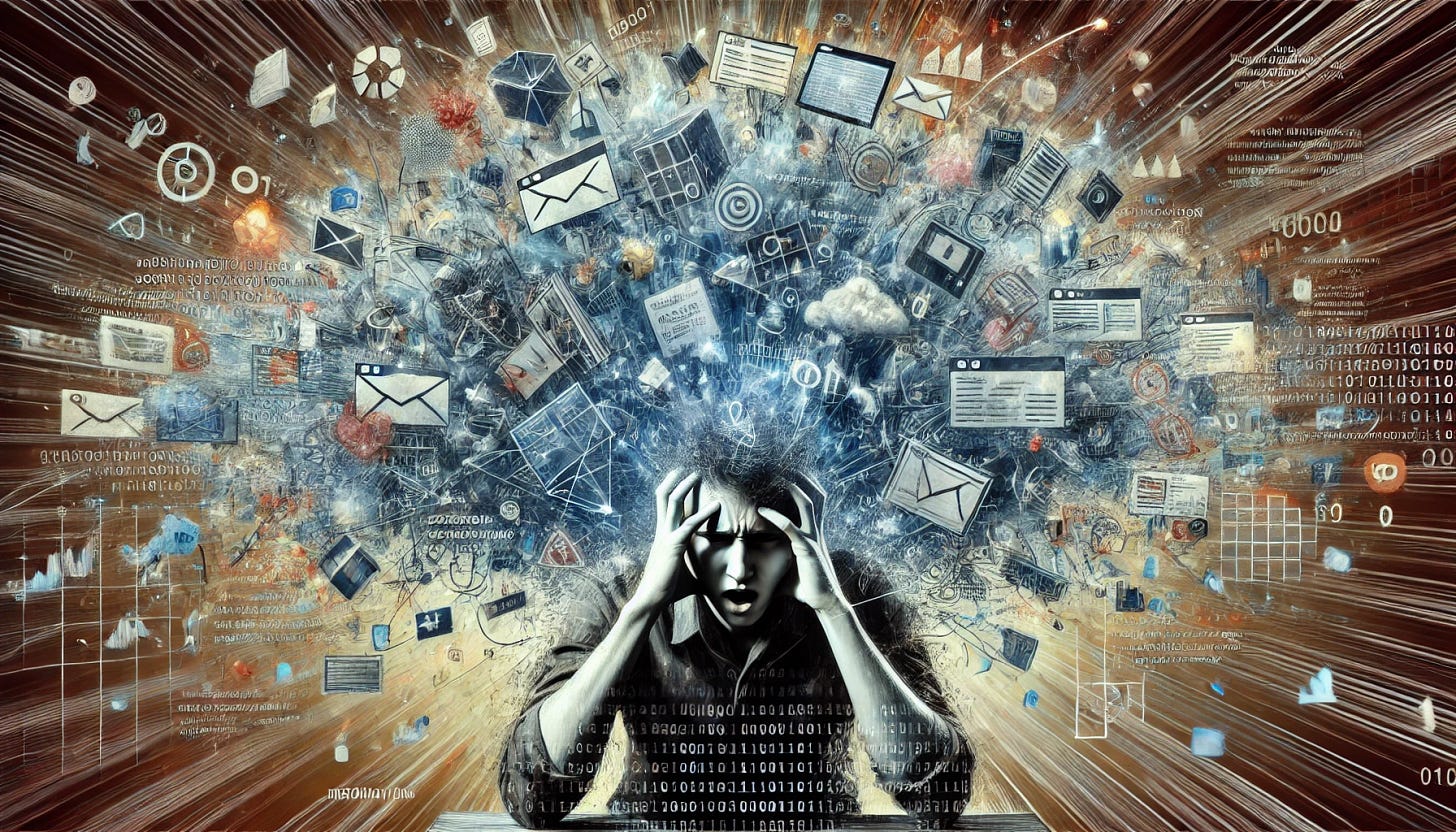 A person overwhelmed by an excessive flow of information. The figure appears stressed, with a chaotic cloud of data, messages, symbols, and graphs surrounding their head in a whirlwind. Their face shows frustration and anxiety, with hands clutching their temples as if trying to shield themselves from the overload. The data cloud includes elements like digital screens, binary code, notifications, and documents, all overlapping and glowing intensely. The background is abstract, with a sense of distortion, representing the overwhelming nature of modern information overload, now in a wide-angle, rectangular format.