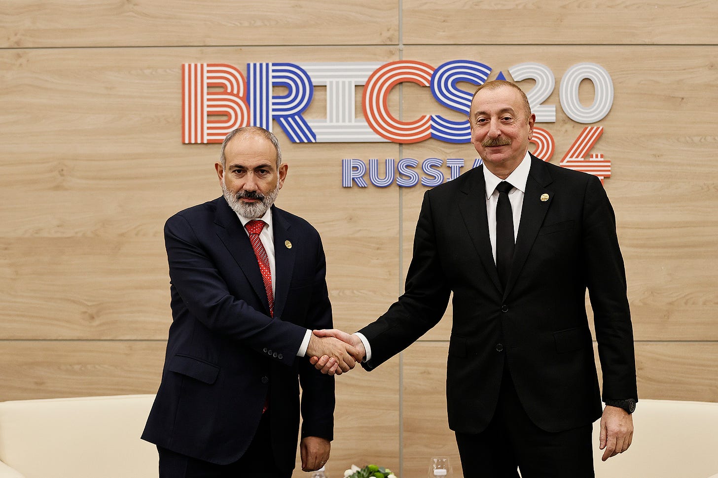 Armenian PM Nikol Pashinian and Azerbaijani President Ilham Aliyev at the October 2024 BRICS summit in Kazan, Russia. Photo by primeminister.am