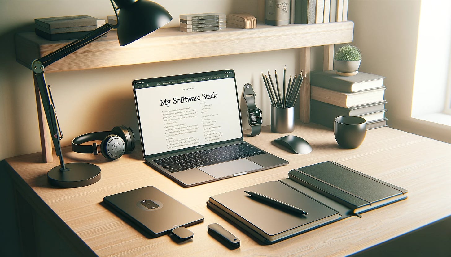 Create an image depicting a minimalist and realistic setting of a home office desk. The desk should be neat and organized, with a modern laptop open to a blog post titled 'My Software Stack'. Around the laptop, subtly include a few productivity tools: a sleek digital notebook, a stylish pen, a high-quality pair of headphones, and a smartwatch on the desk. The setting should convey a sense of calm and efficiency, without being overly flashy. The environment should reflect a professional workspace used for enhancing productivity and workflow, capturing the essence of utilizing technology to streamline tasks. The overall tone of the image should be soft and inviting, emphasizing functionality and simplicity.