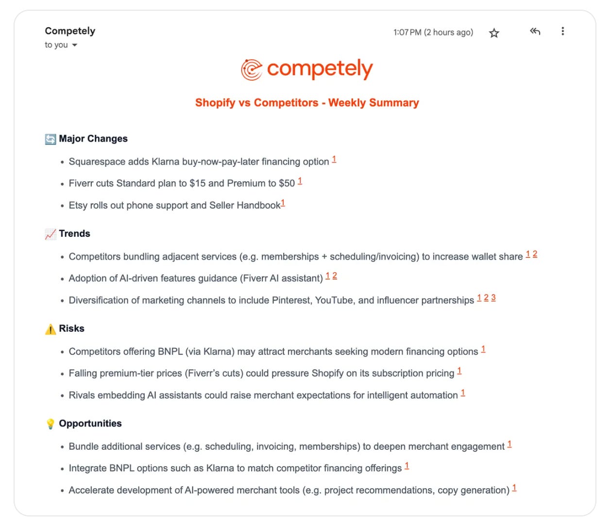 Screenshot of an email from Competely AI agent summarizing changes