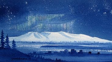 Water color of Sleeping Lady mountain by Alaskan artist, Cindy Pendleton.