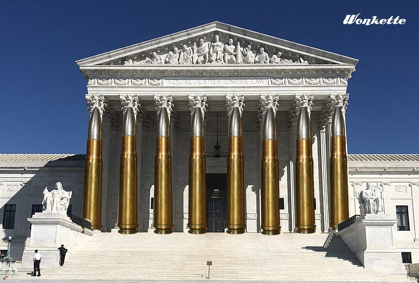 Photoshopped image of the US Supreme Court building, its columns replaced by enormous .50-caliber bullets.