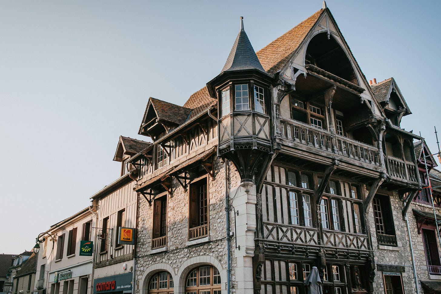 A building in the style of French colombage in Moret-sur-Loing, France