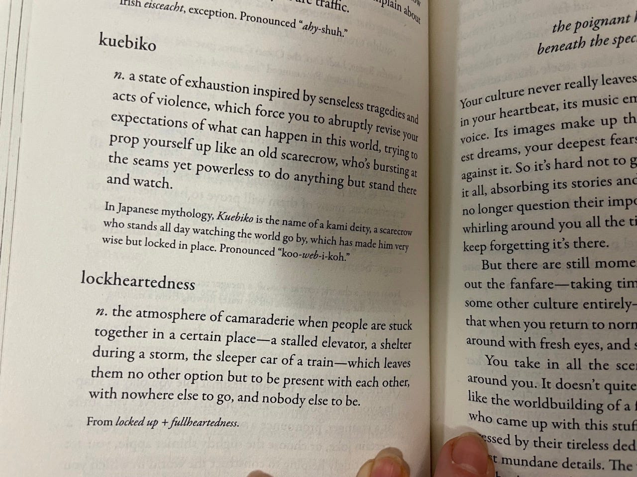 A couple of entries in John Koenig's book, The Dictionary of Obscure Sorrows, showing his neologism, 'kuebiko', a state of exhaustion inspired by senseless acts of violence and tragedies.