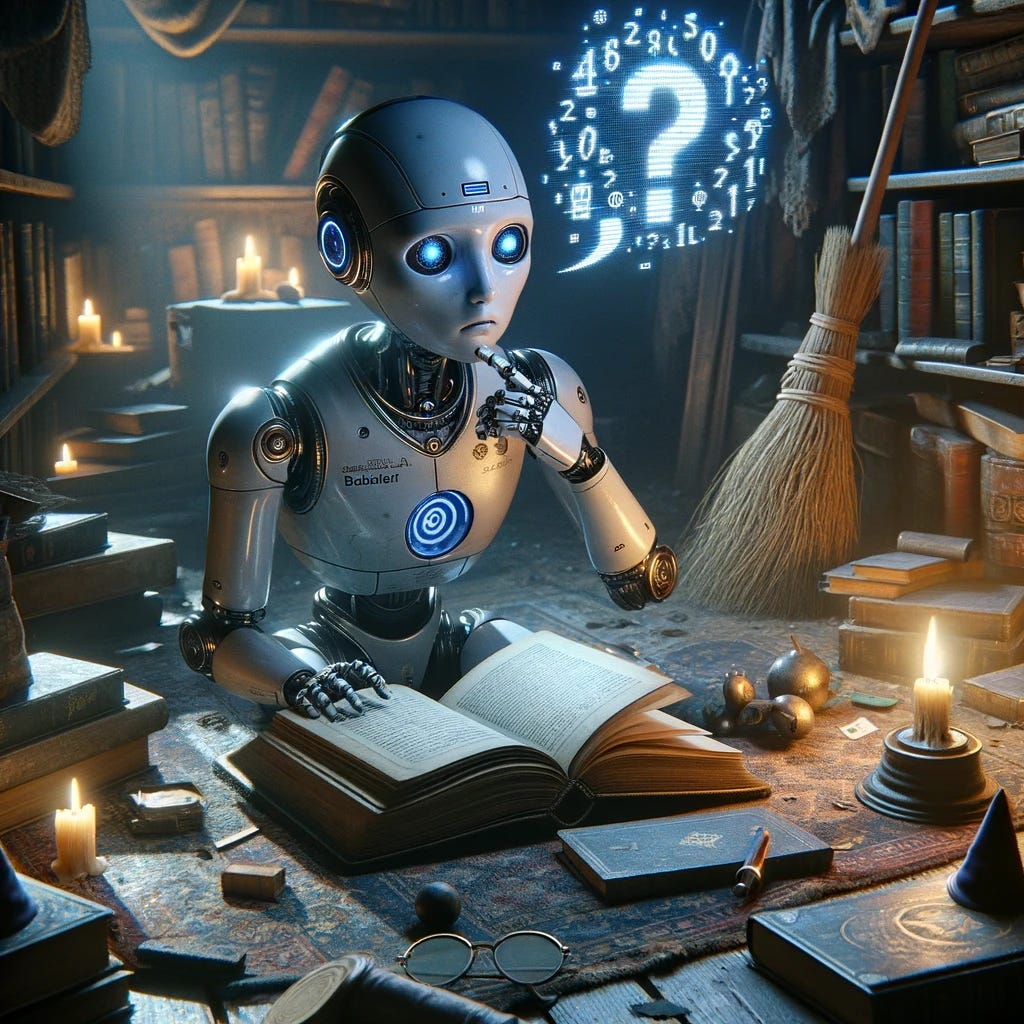 Create a cinematic scene featuring an advanced humanoid robot sitting in a dimly lit, cluttered attic, surrounded by dusty books and various magical paraphernalia. The robot's face displays a puzzled expression as it holds an open book with the title 'Wizardry & Witchcraft' barely visible. Scattered on the floor are a broomstick, a wizard's hat, and a pair of round glasses. The robot's finger is on a page as if it's trying to comprehend the text, with a holographic projection above its head showing a broken link symbol and question marks, symbolizing the forgetting of information. The atmosphere should convey a sense of confusion and forgetfulness.